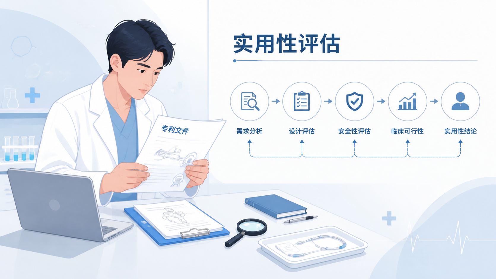 医学生在实验台前查看专利文件与临床器械示意图，旁边有“实用性评估”字样的流程图