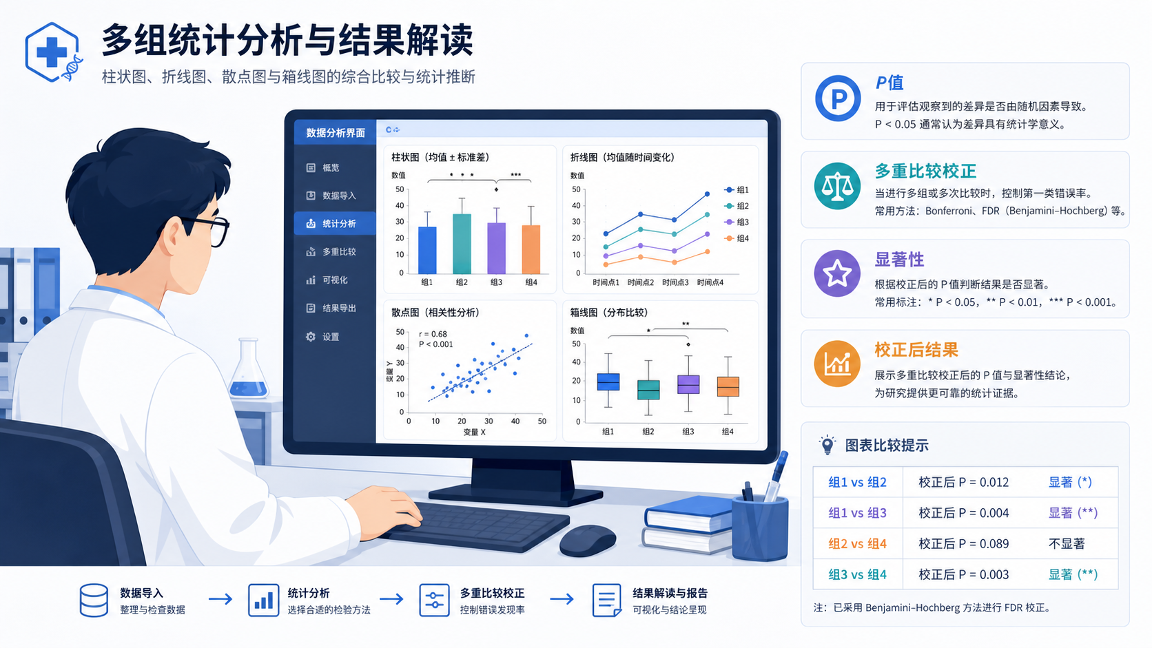 医学研究者在电脑前分析多组统计图表,旁边标注P值和多重比较校正提示,画面专业简洁。