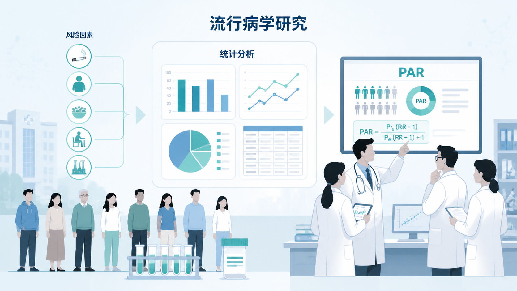 流行病学研究场景示意图，包含人群、风险因素、统计图表与医生讨论画面，突出PAR在研究中的应用。