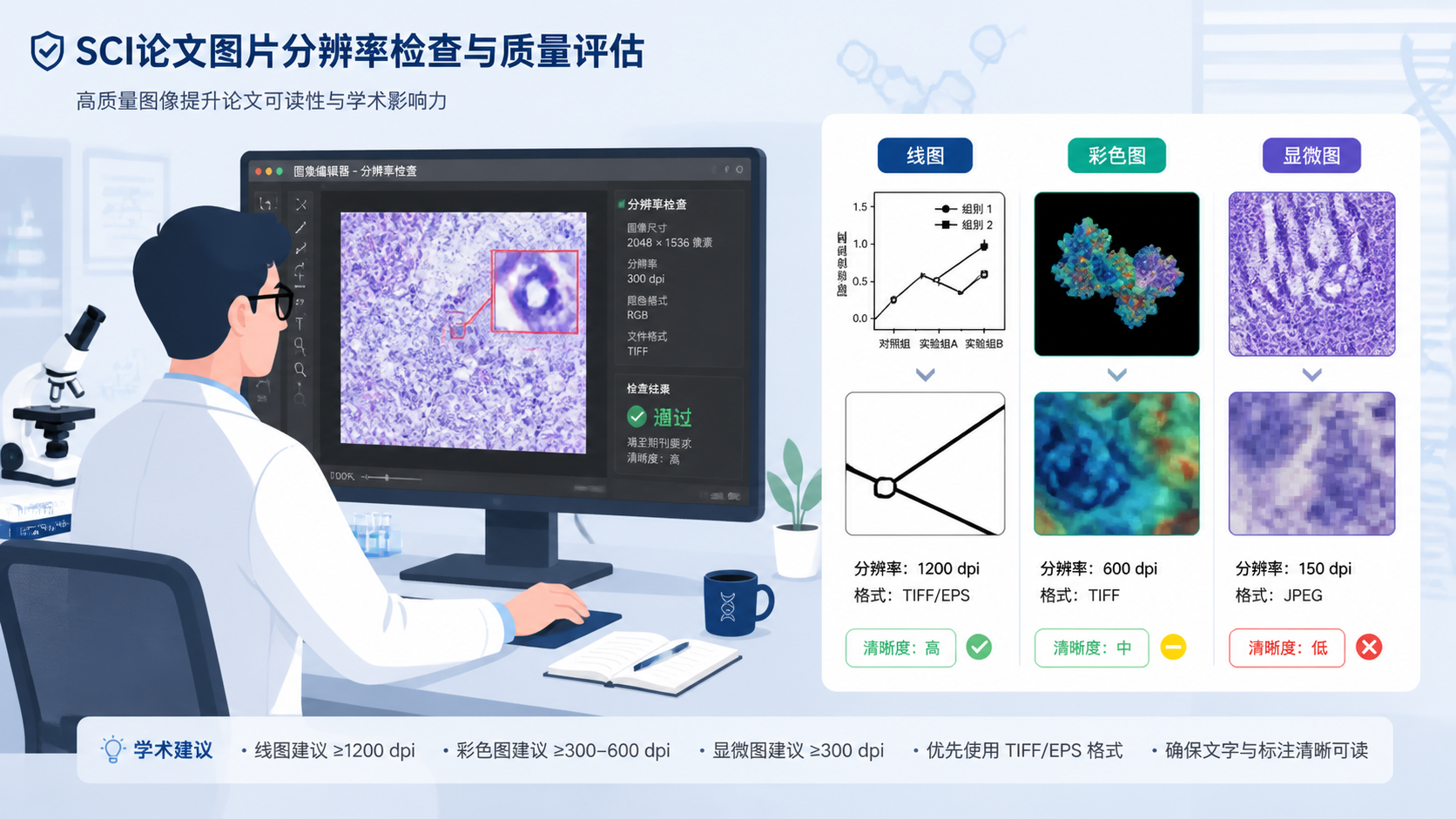 科研人员在电脑前检查SCI论文图片分辨率，旁边展示线图、彩色图和显微图的对比示意