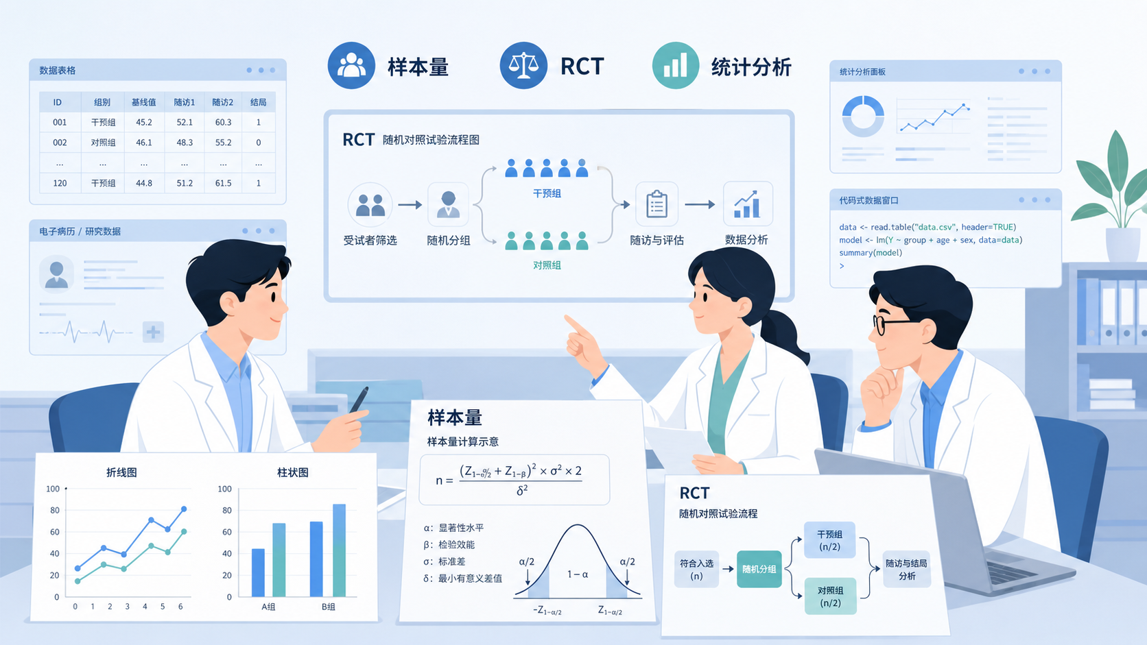 临床研究者在办公室对着统计图表、样本量计算公式和RCT流程图讨论，背景有数据表和软件界面，突出“研究可信度”和“统计分析”主题