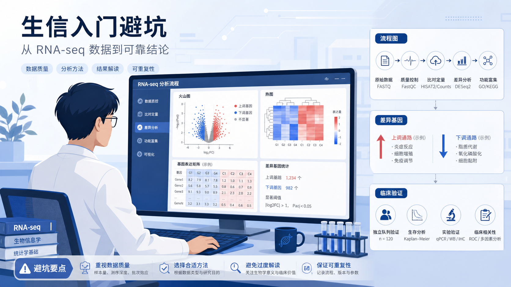 医学生在电脑前分析转录组数据，旁边标注流程图、差异基因、临床验证，体现“生信入门避坑”的场景。