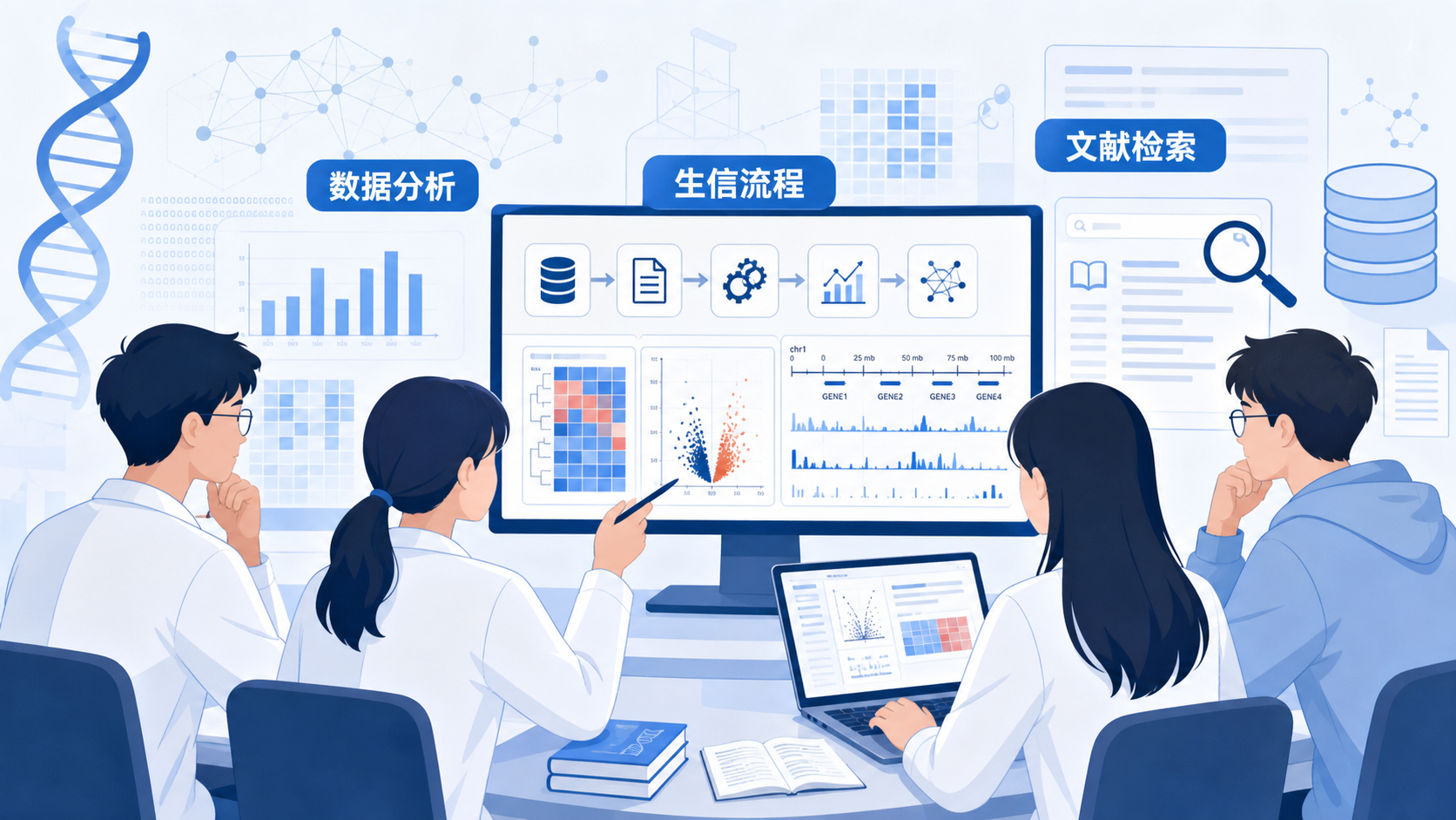 医学生、硕博生在电脑前查看生信流程图与论文案例,背景包含数据分析、基因图谱、文献检索元素,突出“从入门到发文”的学习场景