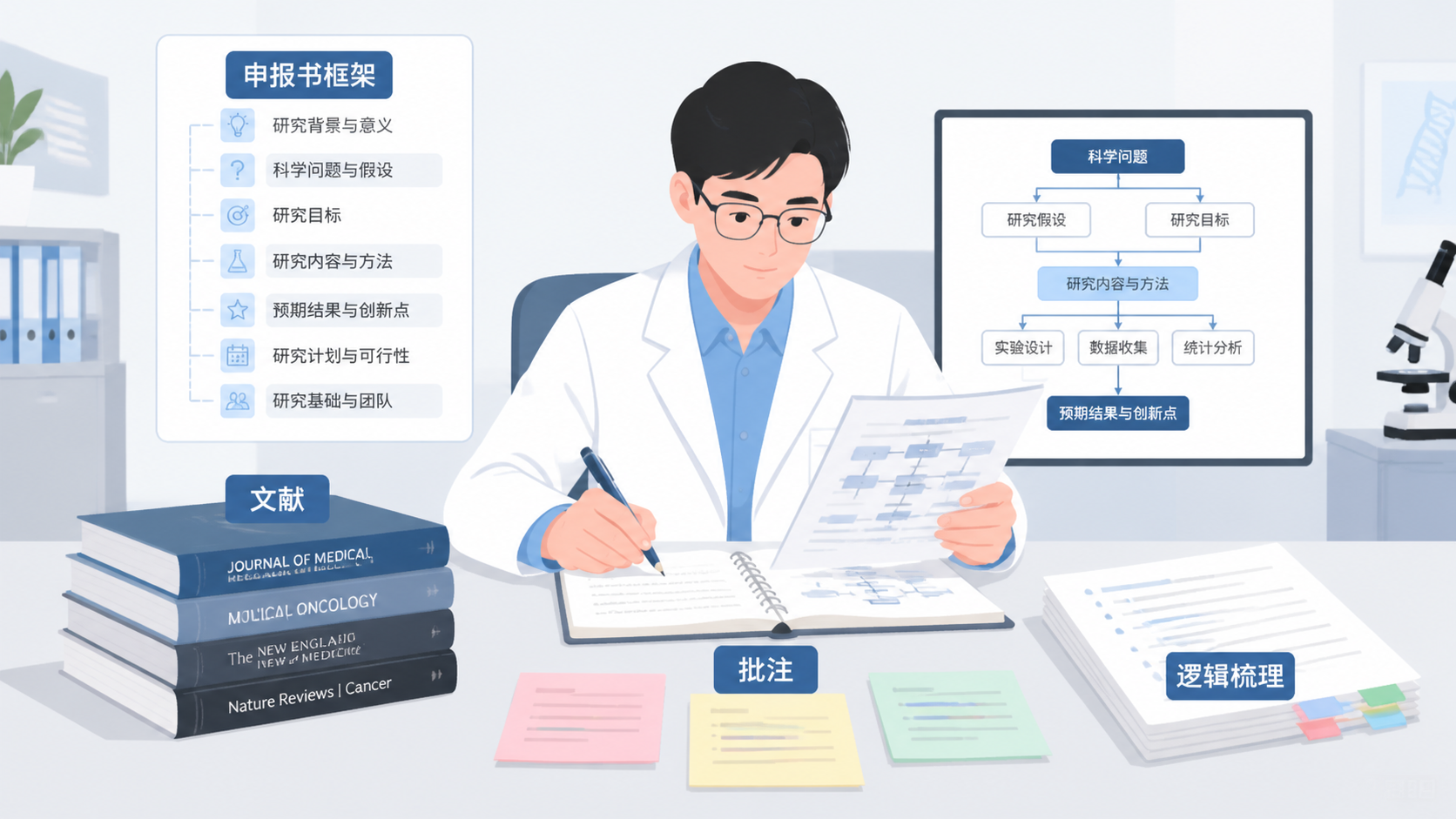 一位研究人员在书桌前对照申报书框架、文献和批注,画面突出“逻辑清晰、结构严谨”的科研写作场景