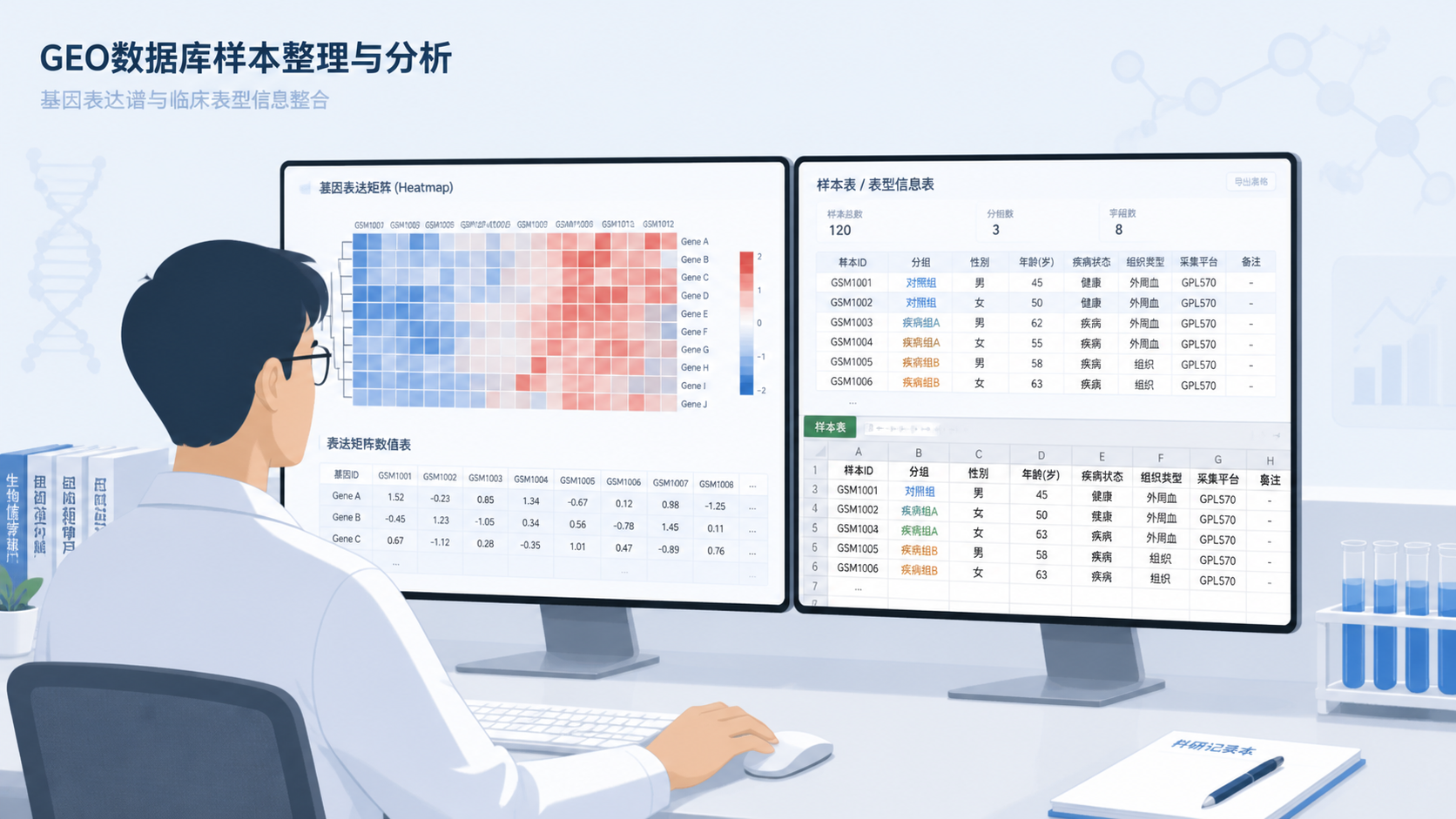 科研人员在电脑前整理GEO数据库样本表，屏幕上显示表达矩阵、表型信息和Excel表格