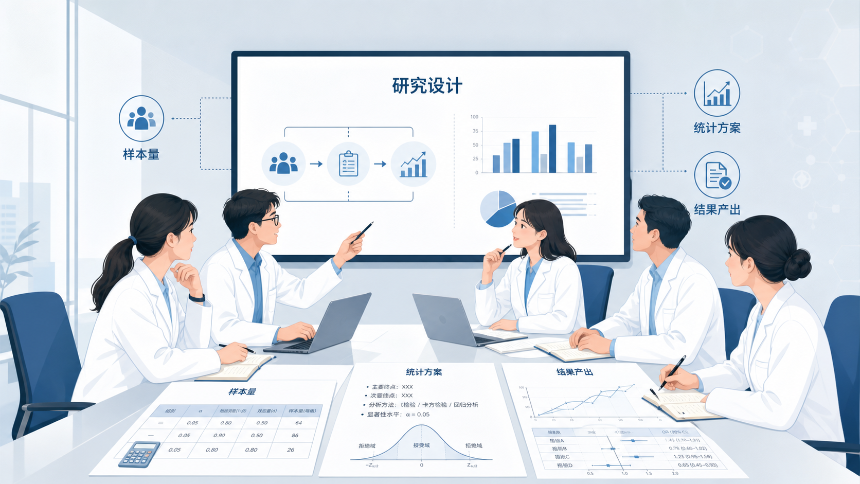 科研团队在会议室讨论研究设计、样本量表格和统计方案，体现专业协作与成果产出