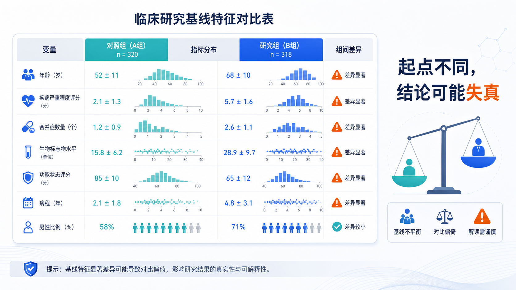 临床研究基线特征对比表，左右两组变量分布不一致，旁边标注“起点不同，结论可能失真”