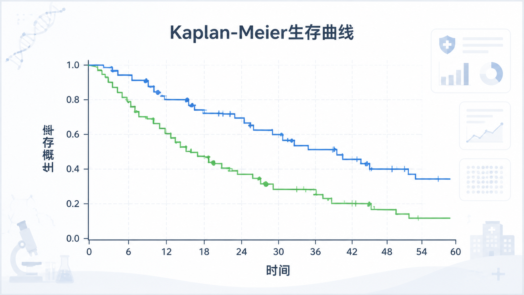 临床研究场景下的生存曲线示意图，包含时间轴、事件点、删失标记和两组KM曲线对比