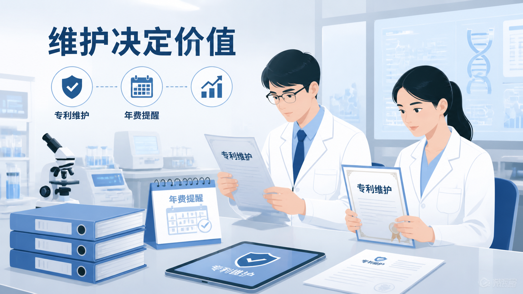 医护科研人员在实验室中查看专利文件、年费提醒和专利证书的专业场景，突出“维护决定价值”