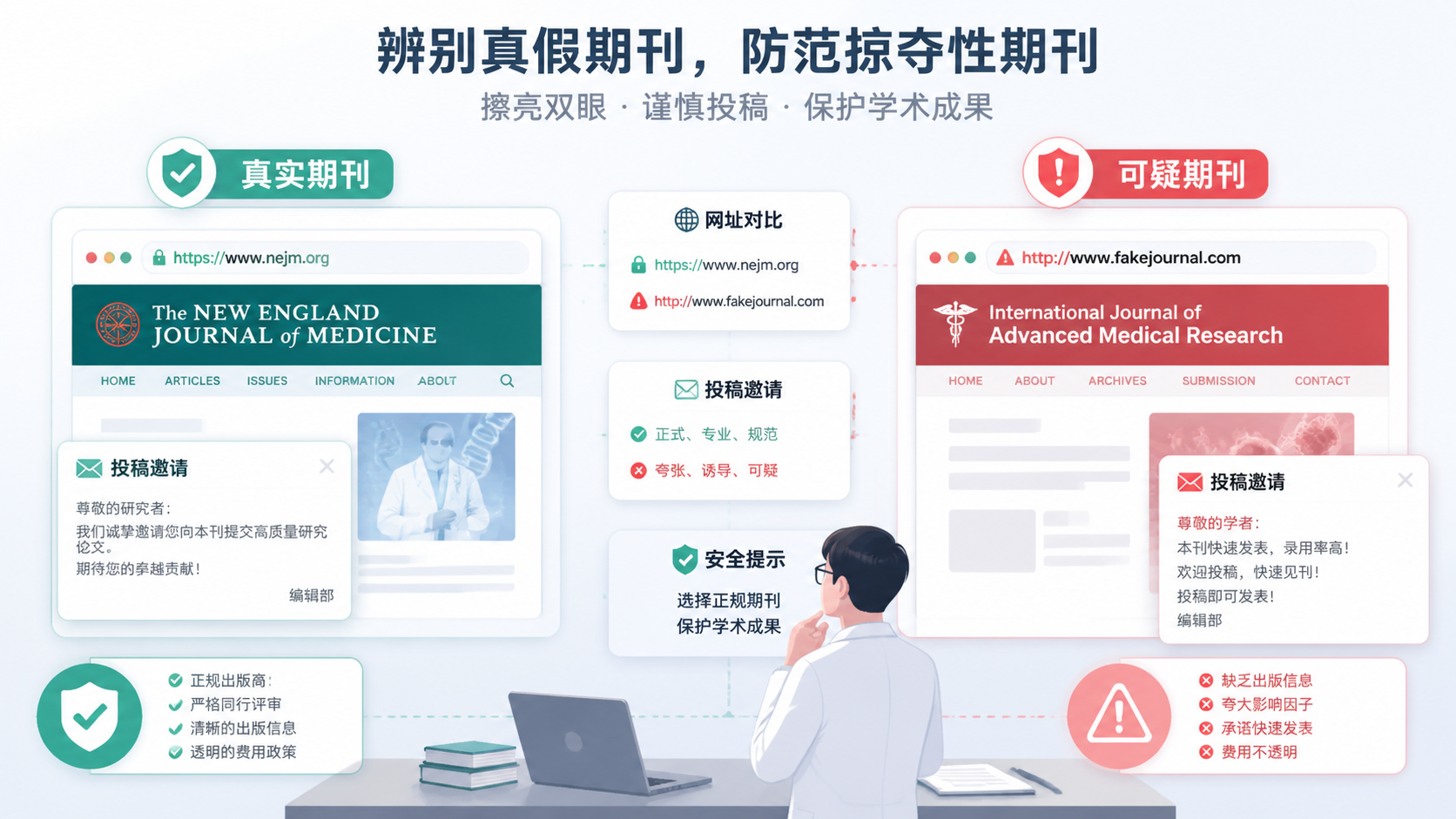 学术投稿场景中，研究者面对真假期刊官网对比、邮件邀请和警示标识的示意图