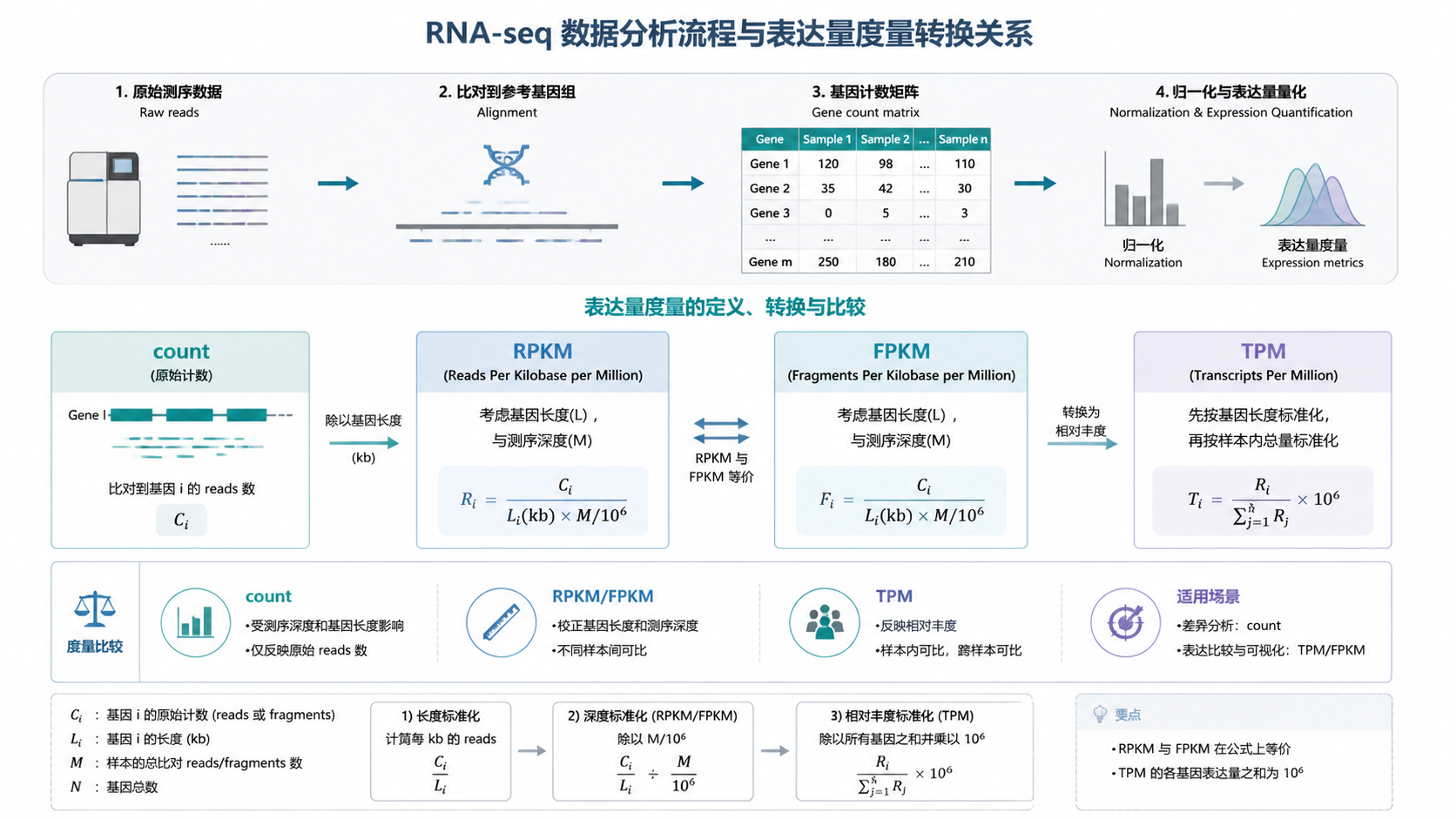 RNA-seq数据分析流程图，突出count、RPKM、FPKM、TPM之间的转换关系，以及不同样本的标准化对比。