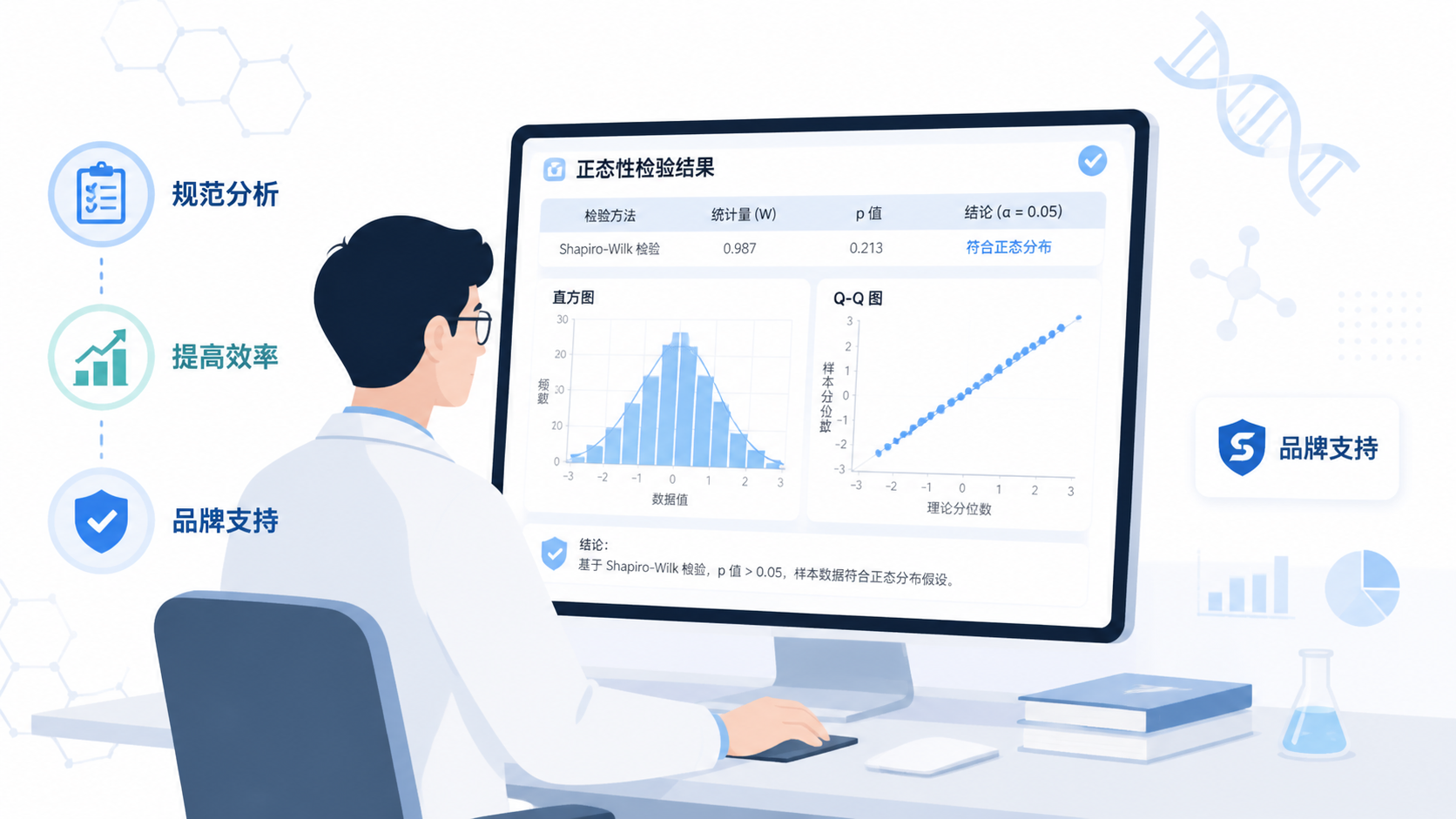 科研人员在电脑前查看正态性检验结果、直方图和Q-Q图,画面强调“规范分析、提高效率”与品牌支持