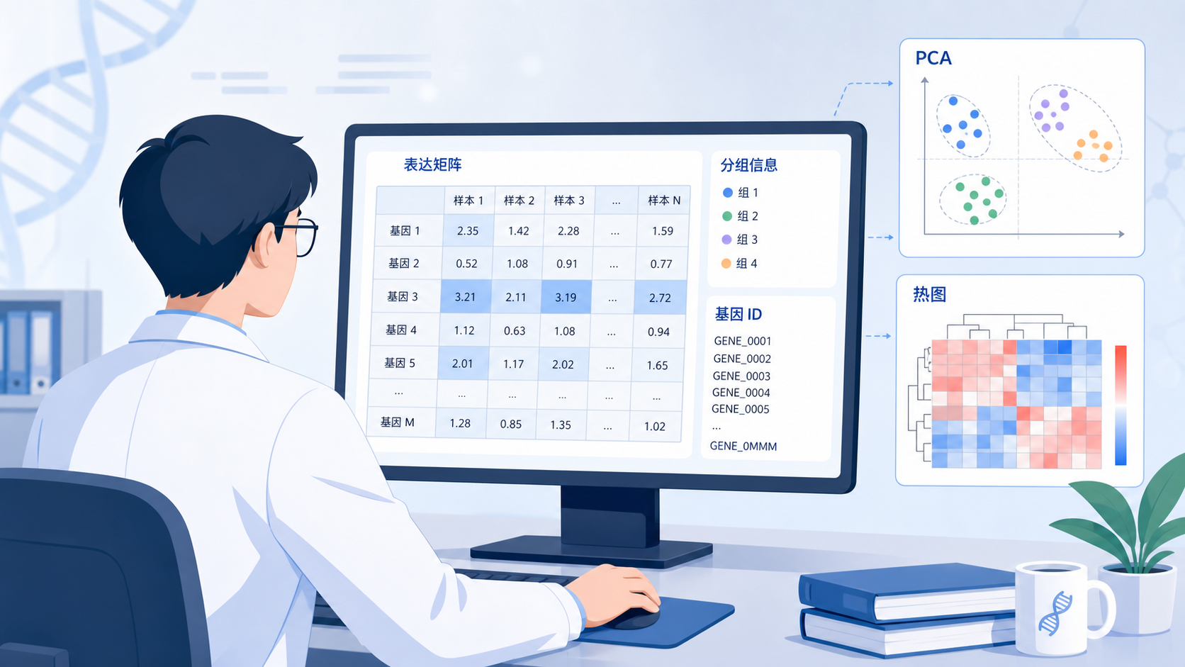 科研人员在电脑前整理表达矩阵、分组信息和基因ID的示意图，旁边展示PCA图和热图缩略图。