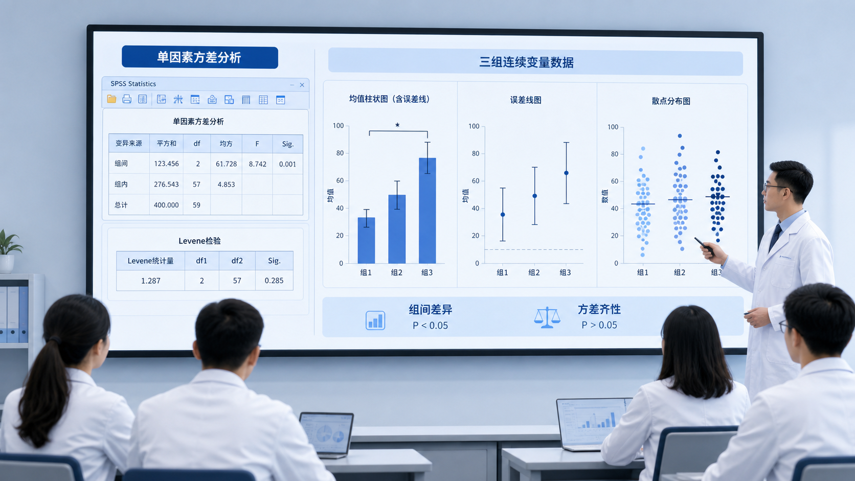 医学统计课堂场景,屏幕上显示SPSS单因素方差分析与Levene检验结果,旁边是三组连续变量数据表