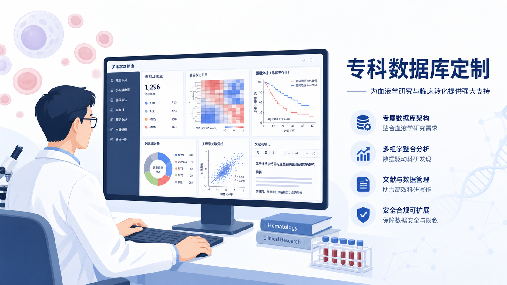 血液科科研人员在电脑前查看多组学数据库、预后曲线和论文稿件,旁边展示“专科数据库定制”字样的专业办公场景