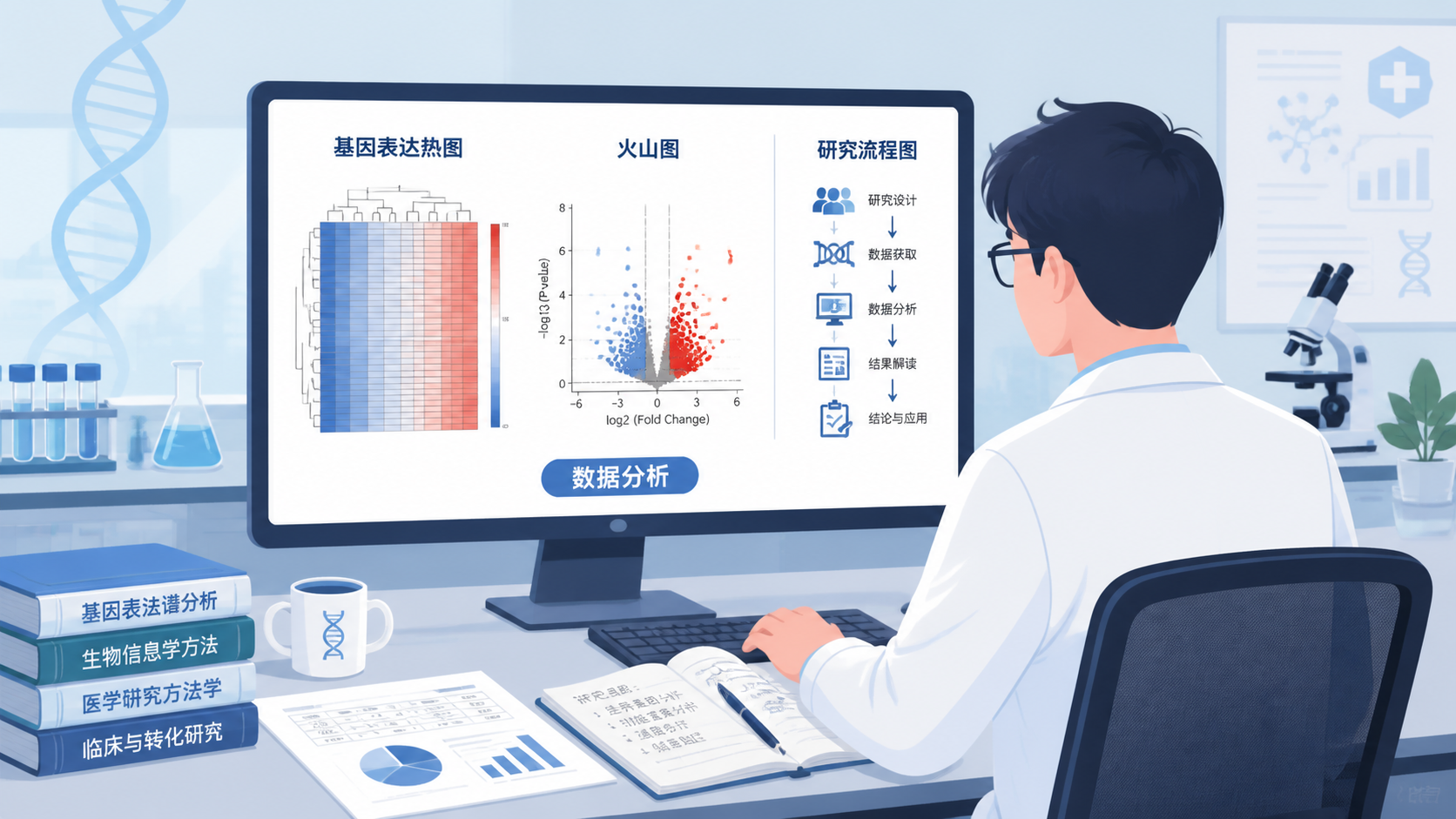 医学科研人员在电脑前查看基因表达热图、火山图和流程图，桌面上有数据表格和文献
