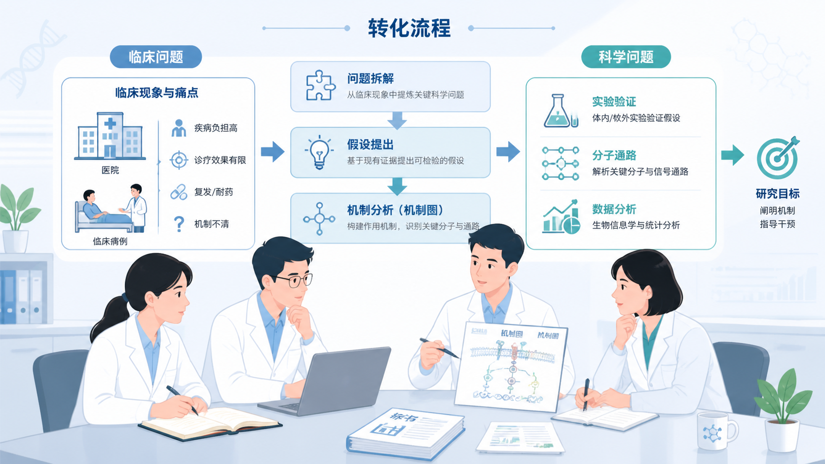 科研团队围绕标书和机制图讨论，画面呈现临床问题到科学问题的转化流程图