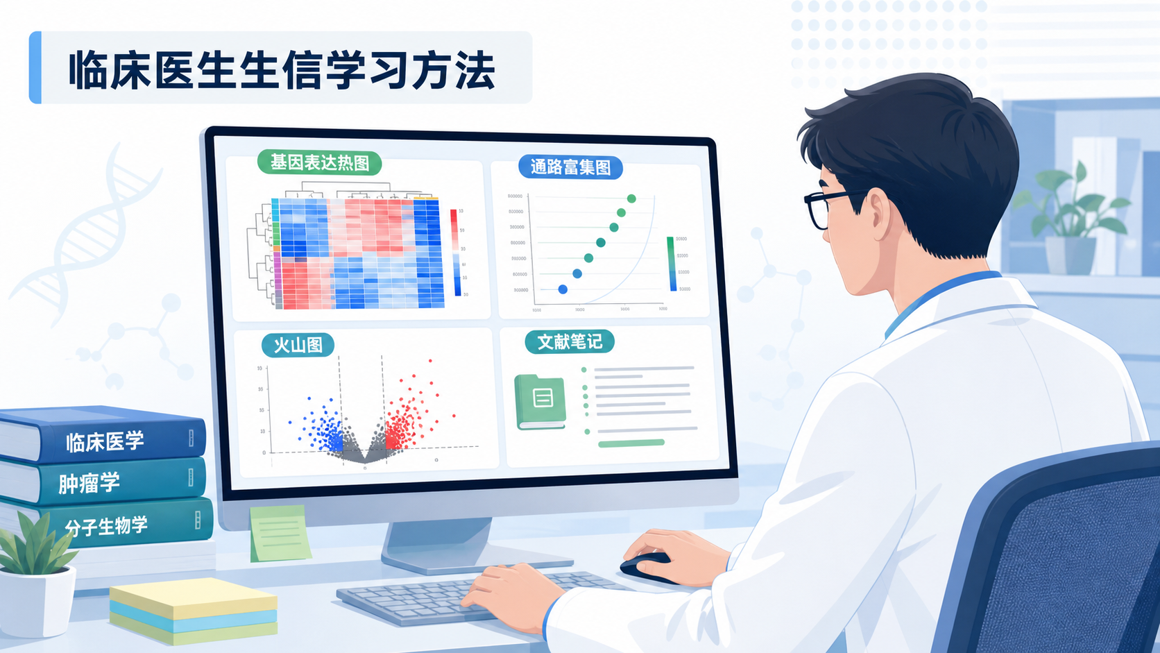 临床医生在电脑前查看基因表达热图、通路富集图和文献笔记，突出“临床医生生信学习方法”的应用场景。