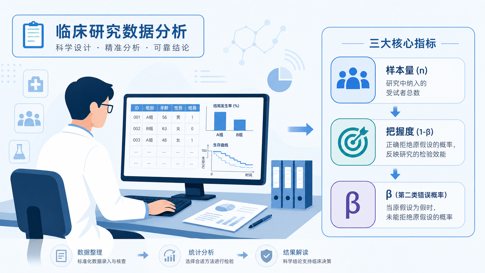 科研人员在电脑前整理临床数据,旁边显示“样本量、把握度、β”三项指标的清晰示意图。