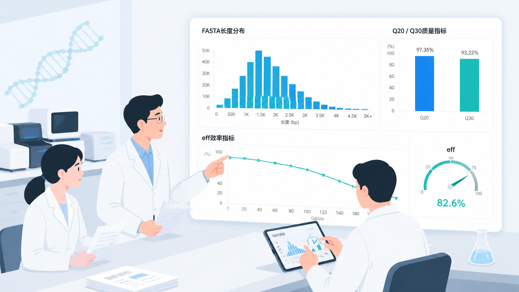 科研人员对照测序报告与可视化图表进行讨论，旁边展示FASTA序列长度分布、Q20/Q30和effective tags等指标。