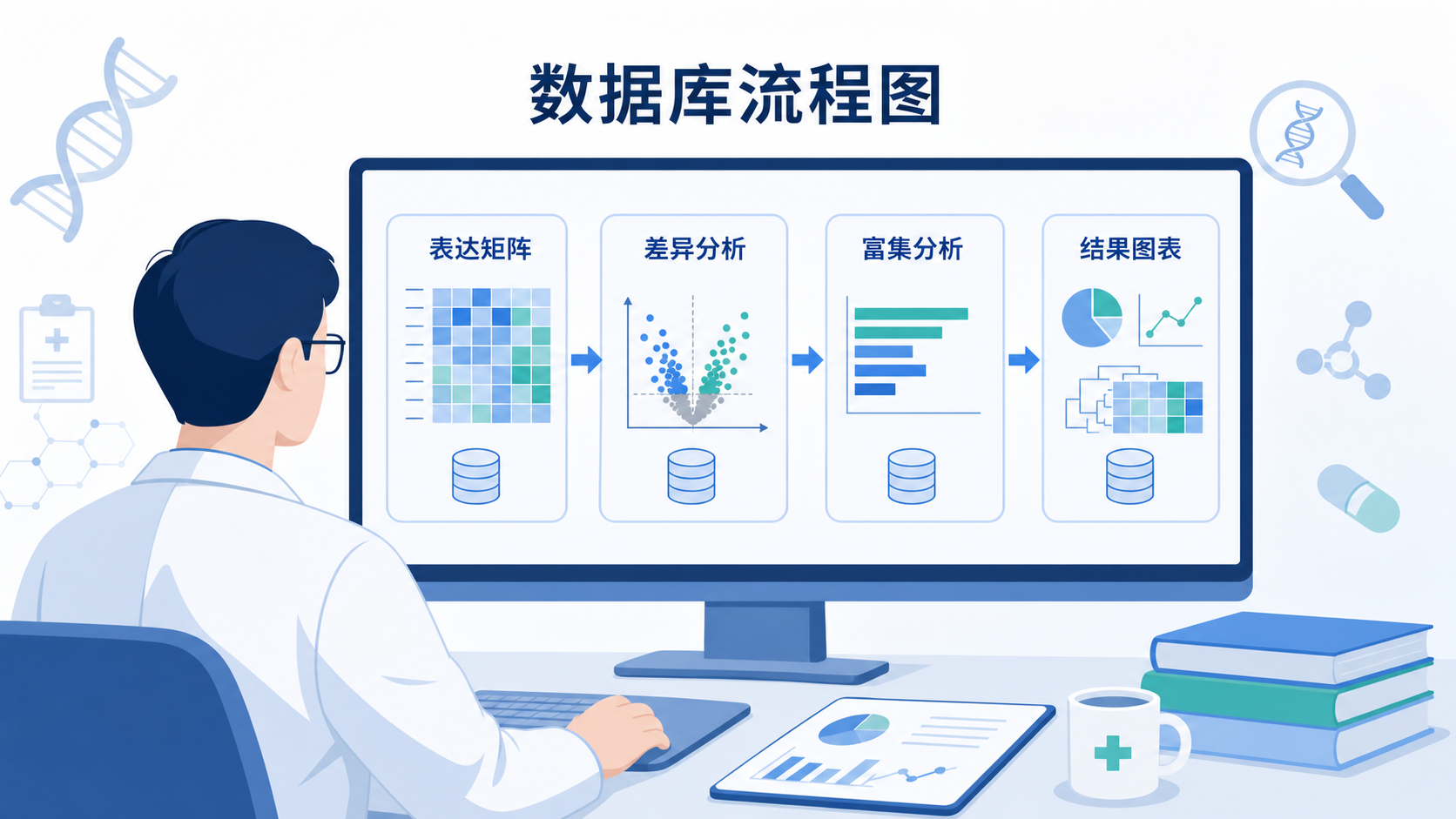 科研人员在电脑前整理公共数据库分析流程图,旁边展示表达矩阵、差异分析、富集分析和结果图表的简洁示意。