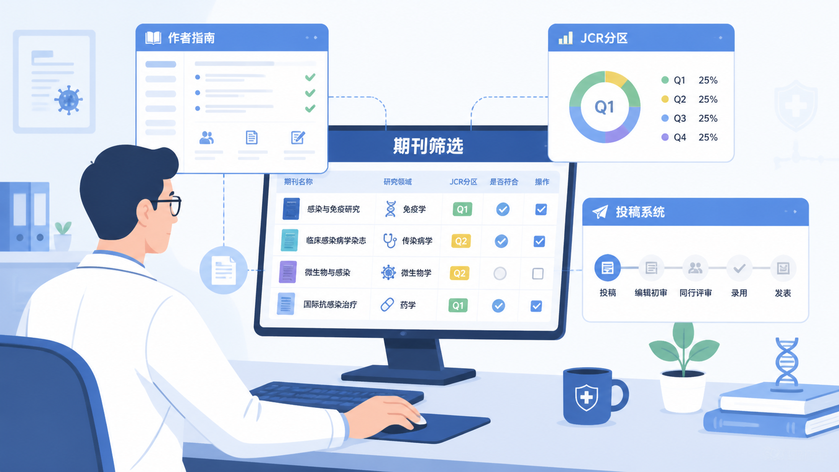 感染科科研人员在电脑前对照期刊官网作者指南、JCR分区和投稿系统进行选刊筛选的场景