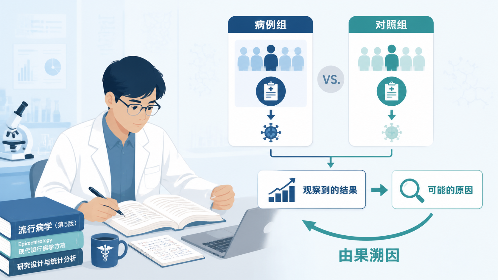 医学生在查阅流行病学教材，旁边是病例组与对照组的对比示意图，体现“由果溯因”的研究思路。