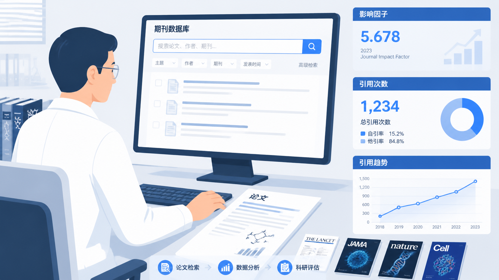 科研人员在电脑前查看期刊数据库和影响因子指标，旁边有论文、期刊封面和引用统计图表