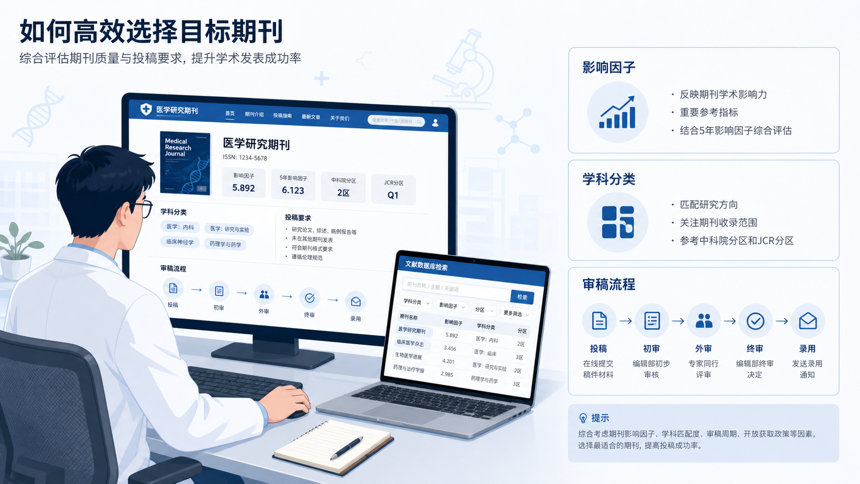 科研人员在电脑前对照期刊官网、数据库筛选目标期刊，旁边有影响因子、学科分类和审稿流程示意图。