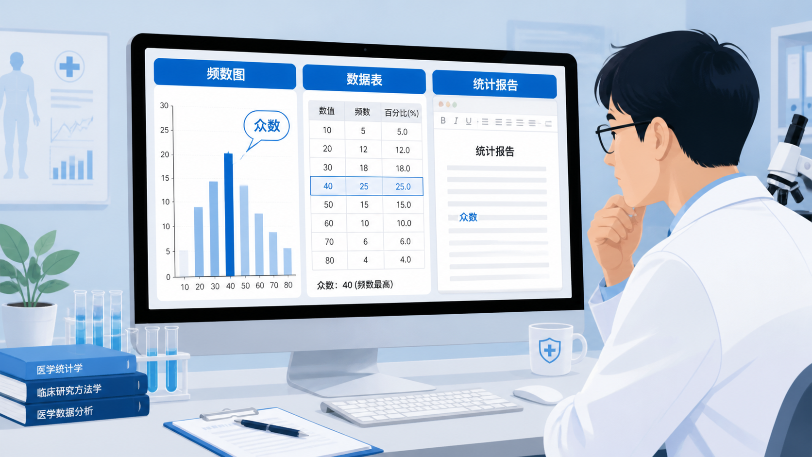 医学科研人员在电脑前查看统计结果，屏幕展示频数图、数据表和论文写作界面，强调众数在医学统计报告中的应用。