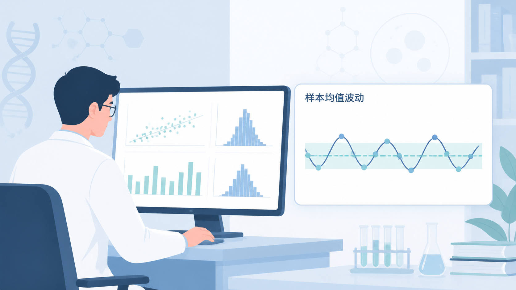 医学研究者在电脑前查看样本数据分布图，旁边叠加“样本均值波动”示意图，突出抽样误差主题。