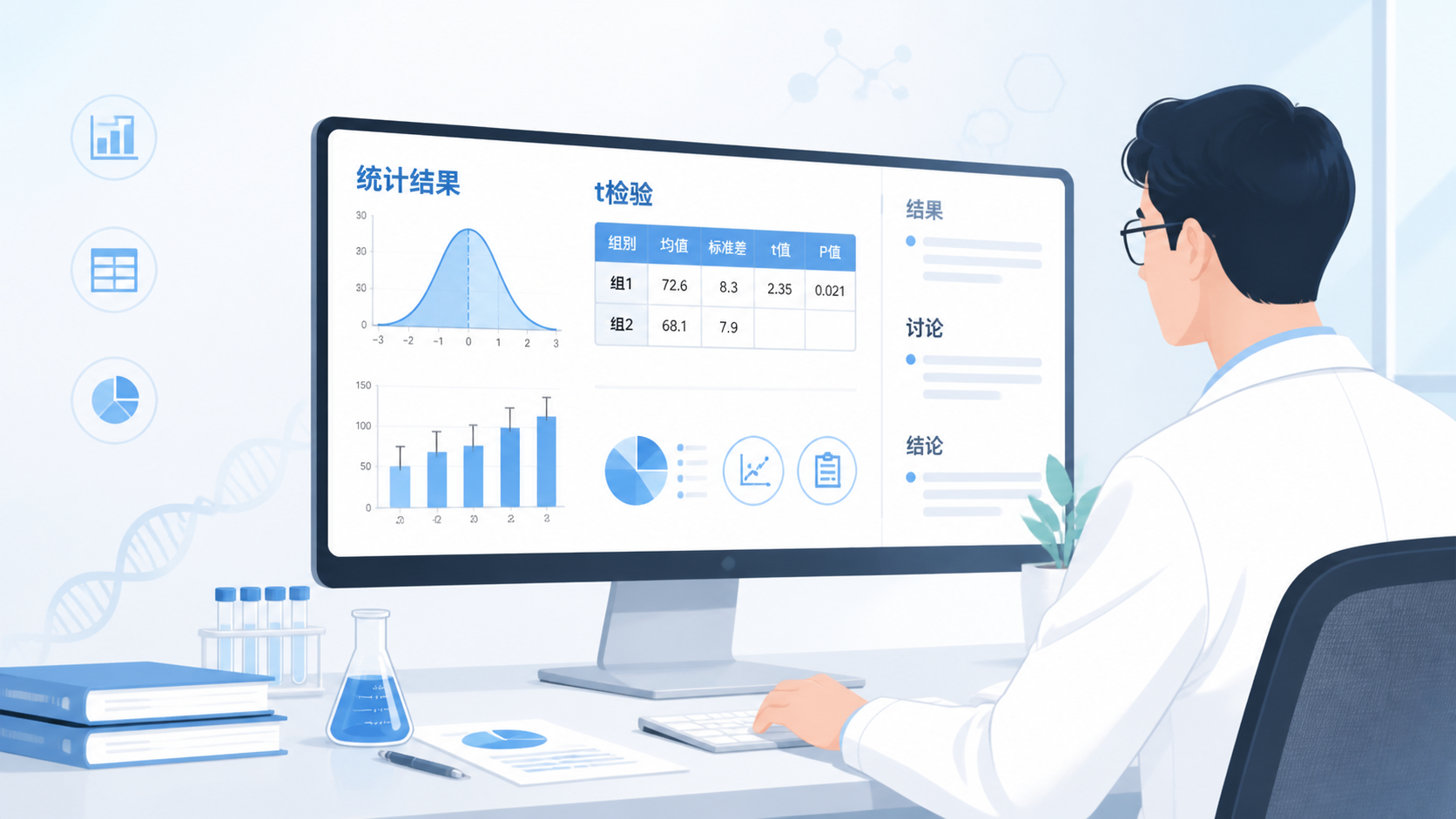 医学研究者整理论文数据，屏幕上显示统计结果、t检验表格和论文写作框架，突出规范分析与结果解读。