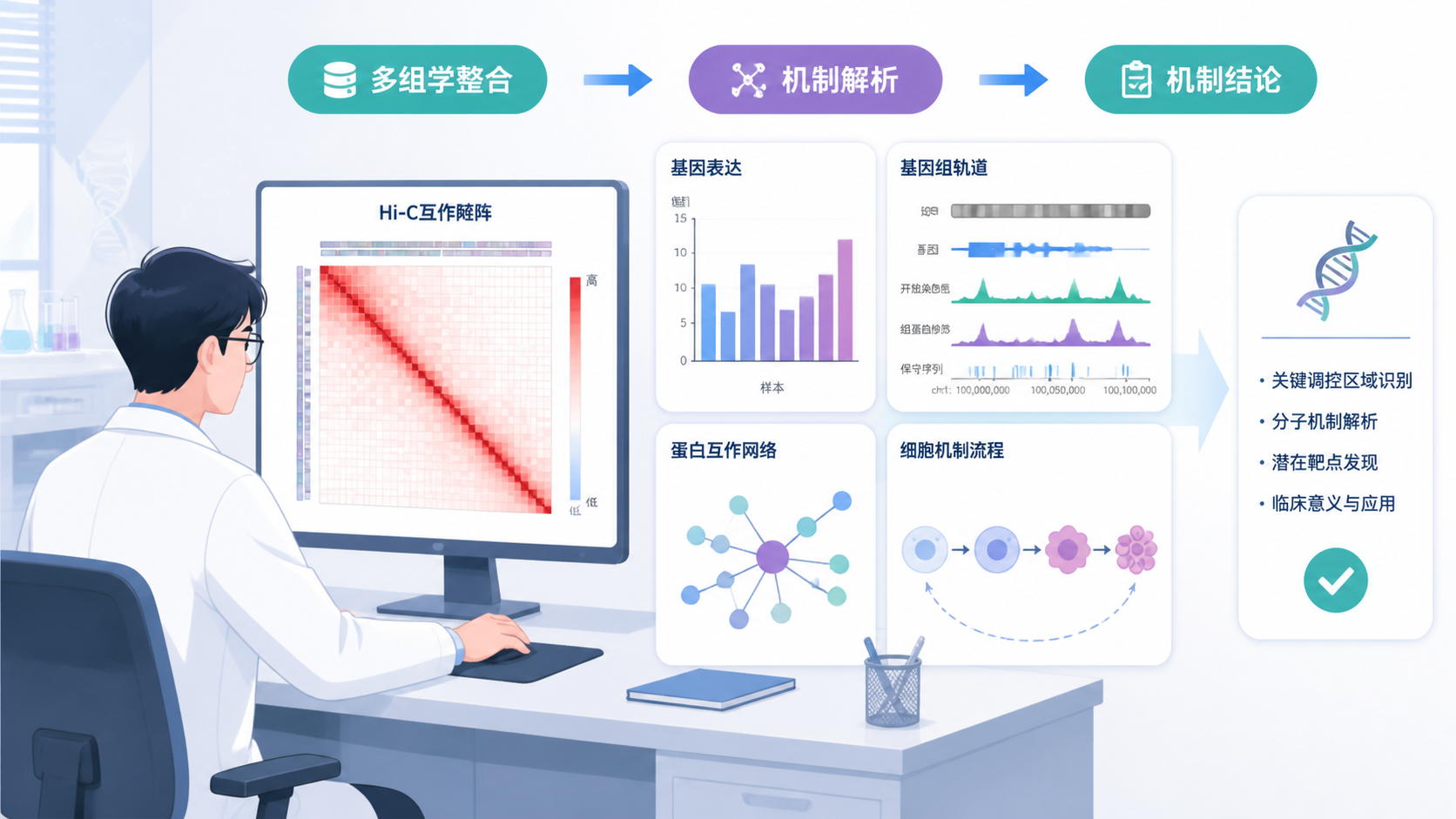 科研人员在电脑前分析Hi-C互作矩阵热图，与多组学数据面板并列展示，突出从数据到机制结论的转化场景