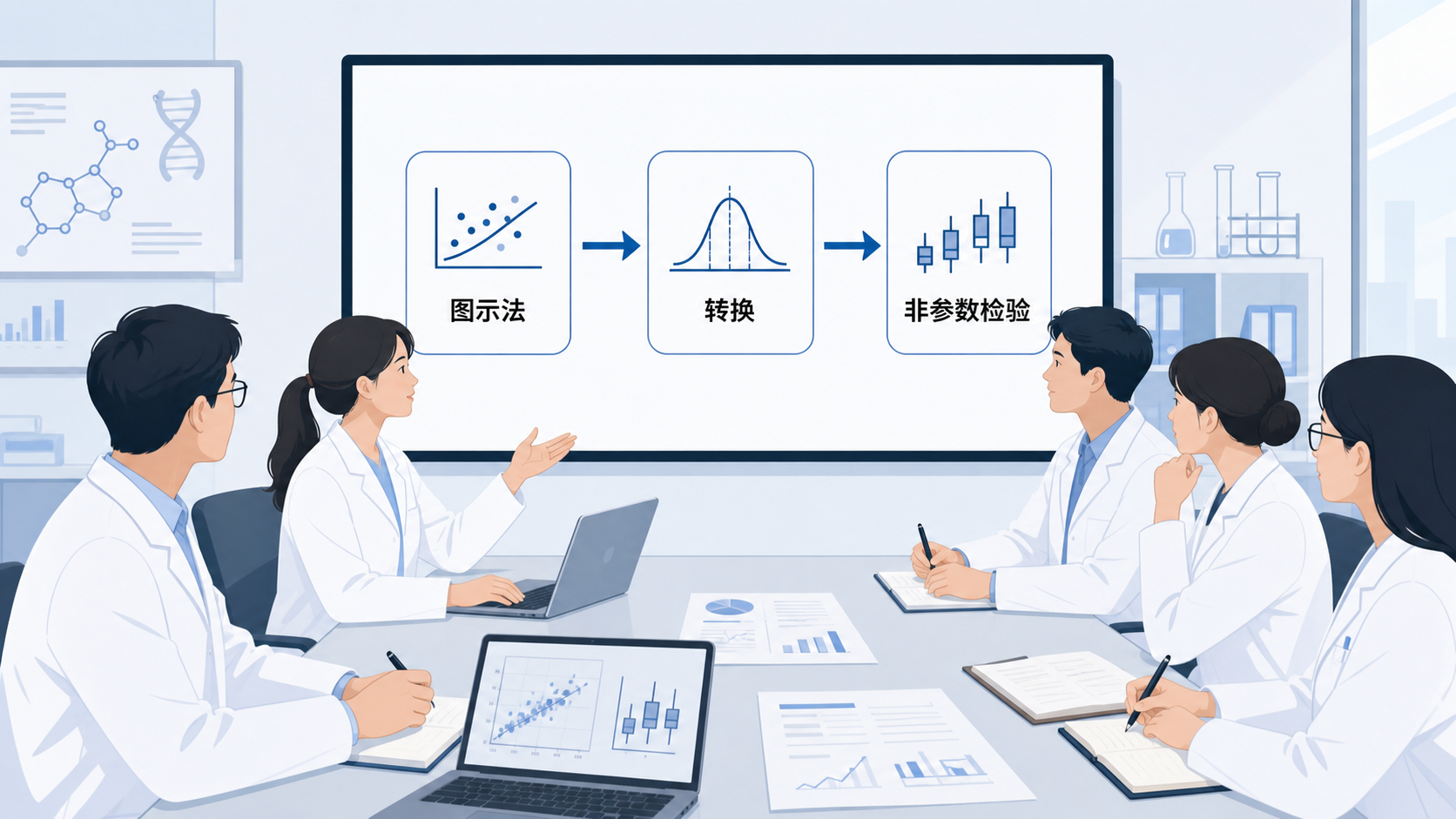 科研人员在会议桌前讨论统计方案，屏幕上展示“图示法-转换-非参数检验”的三步流程图，体现专业科研支持与解决方案。
