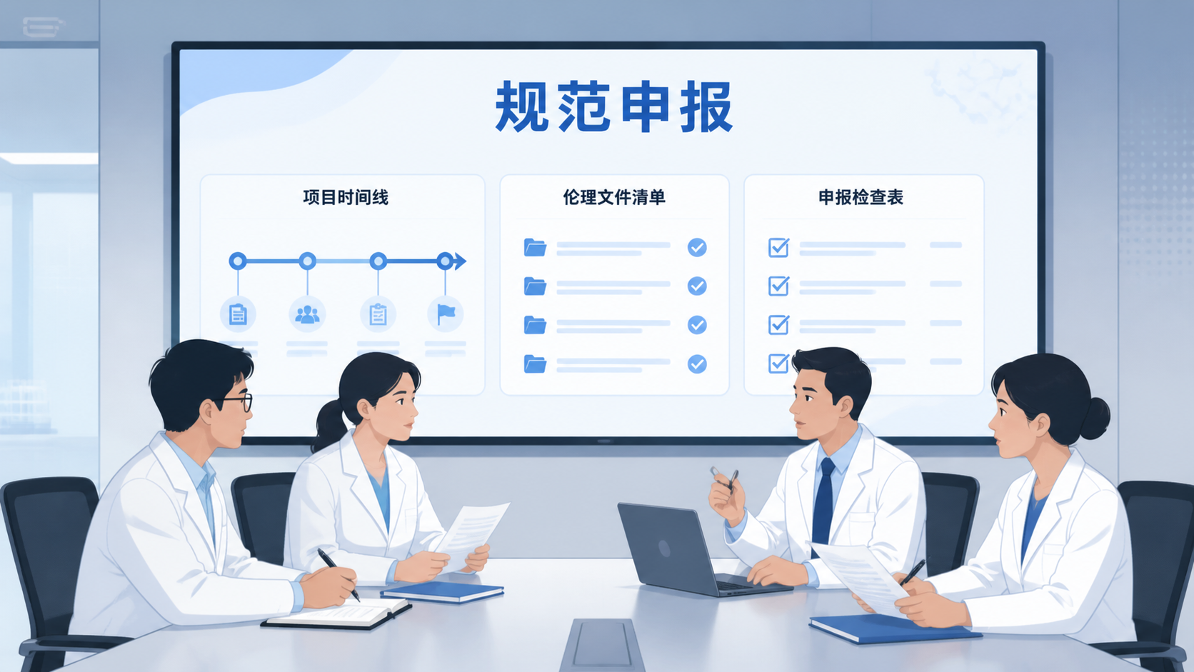科研团队在会议室里讨论基金申请书，屏幕上展示项目时间线、伦理文件清单和申报检查表，突出“规范申报”和“专业支持”