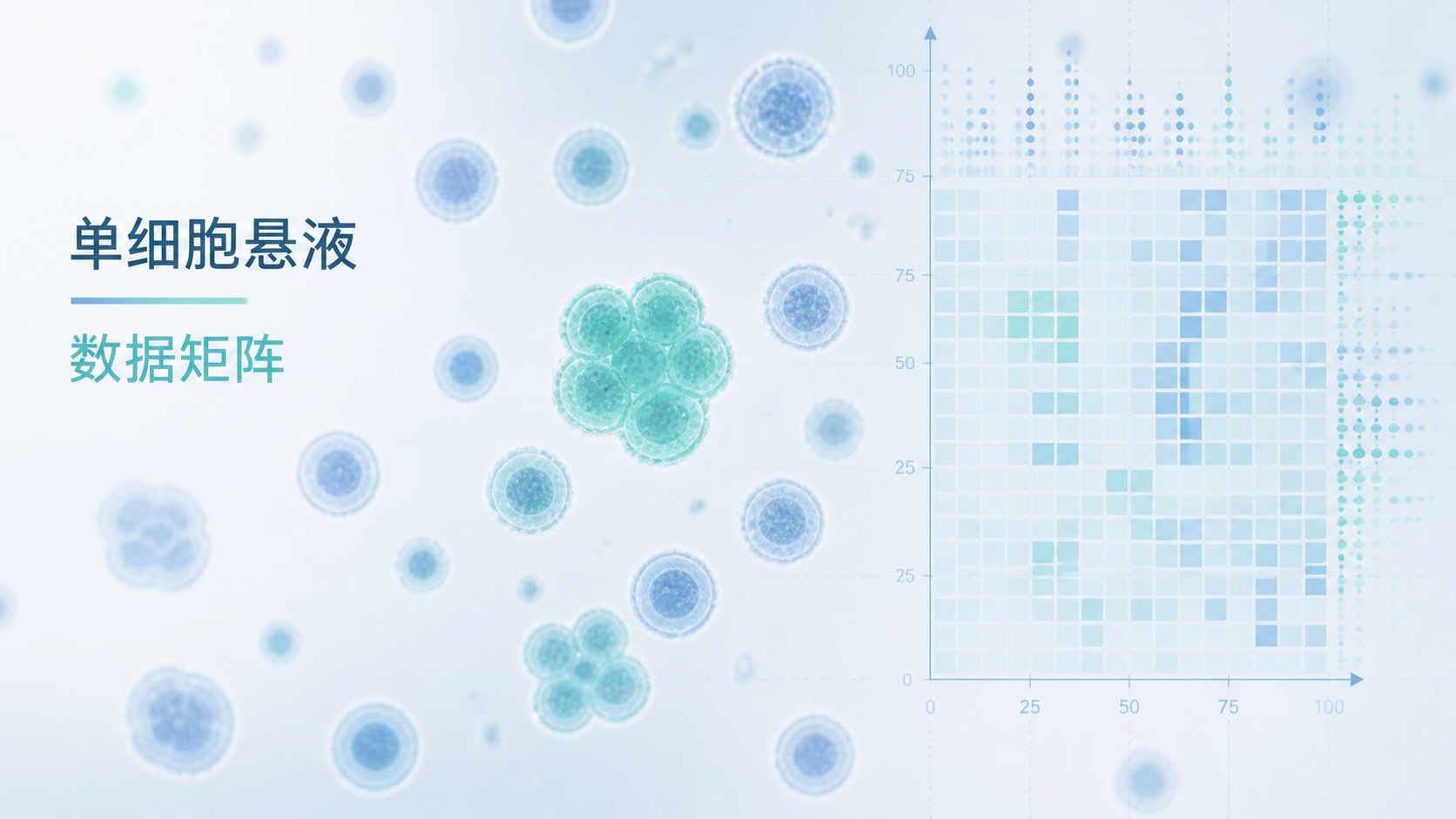 显微镜下的单细胞悬液与数据矩阵叠加图，体现“单个细胞”和“整体分布”的对比。