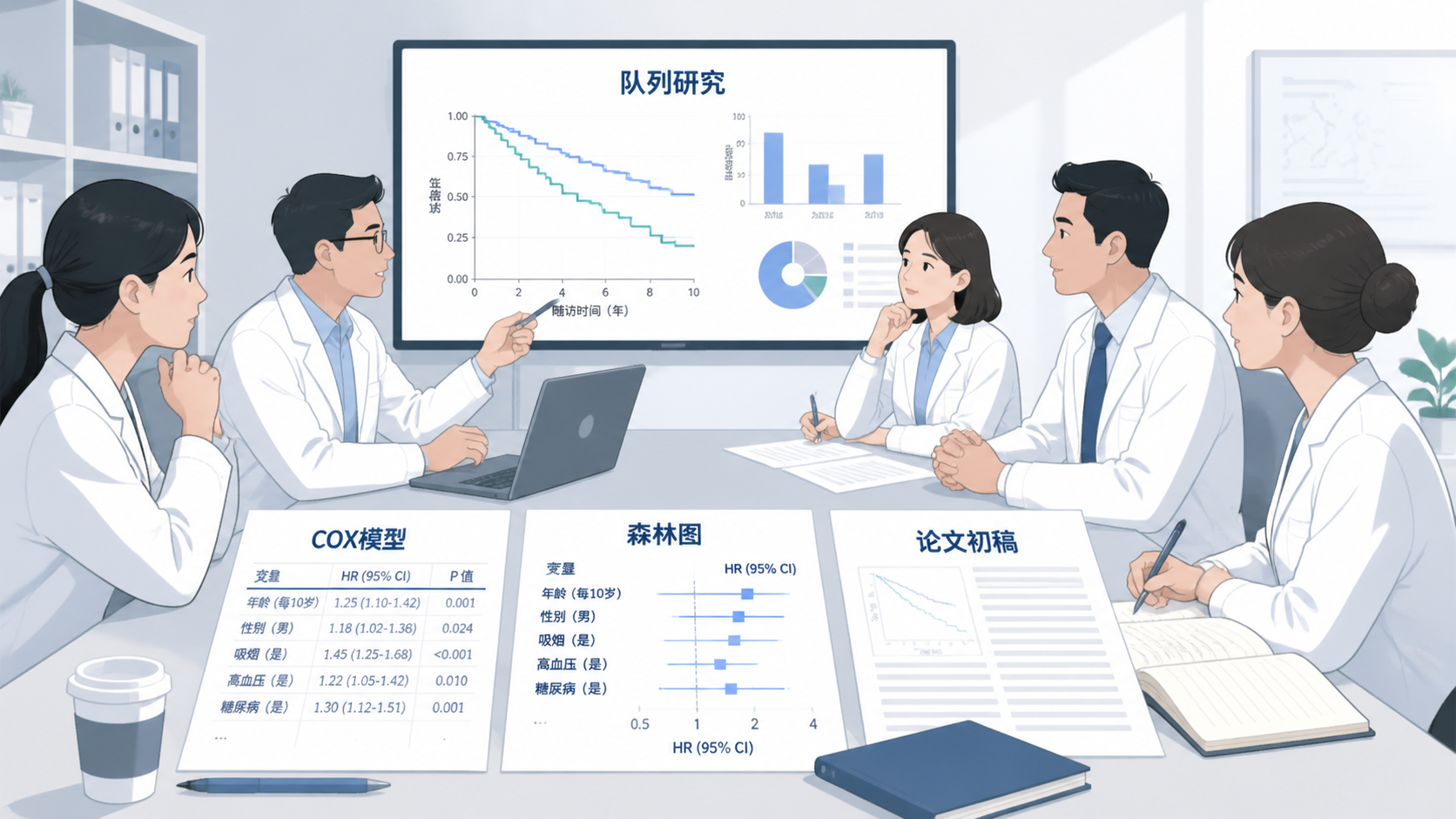 医学科研团队围在会议桌前讨论队列研究结果，桌面上有COX模型输出、森林图和论文初稿，整体风格专业简洁
