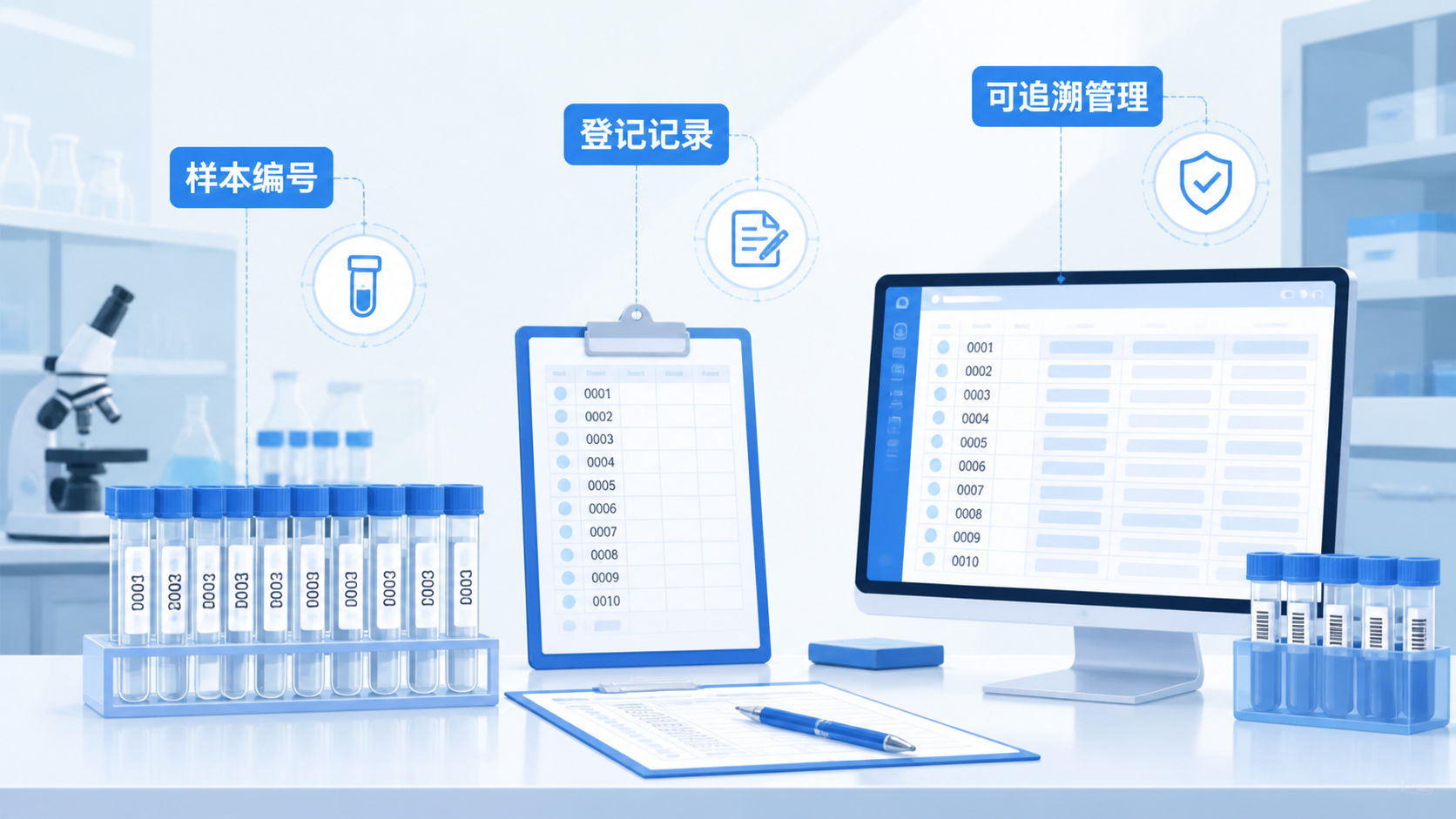实验室场景中，研究人员在整理带有编号的样本管、登记表和电子数据系统，突出“规范记录、可追溯管理”的科研氛围。