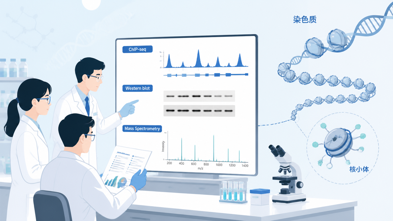 实验室中研究人员在查看ChIP-seq、Western blot和质谱结果，旁边有染色质与核小体示意图。