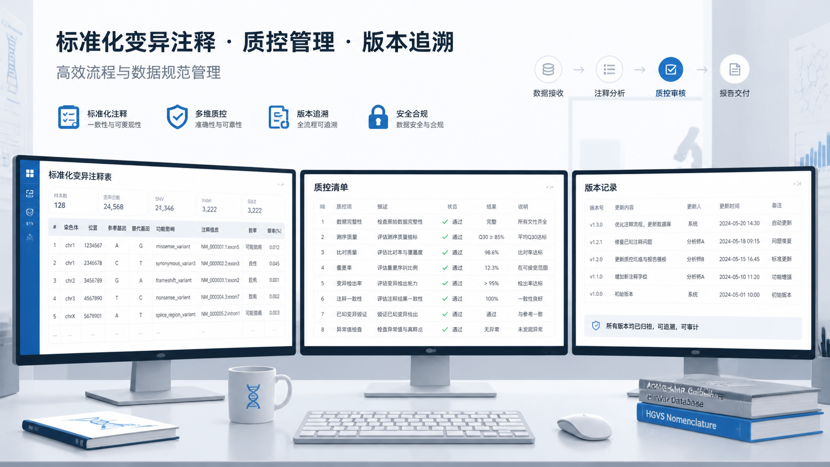 整洁的数据分析工作台，屏幕显示标准化变异注释表、质控清单和版本记录，体现专业交付与高效流程