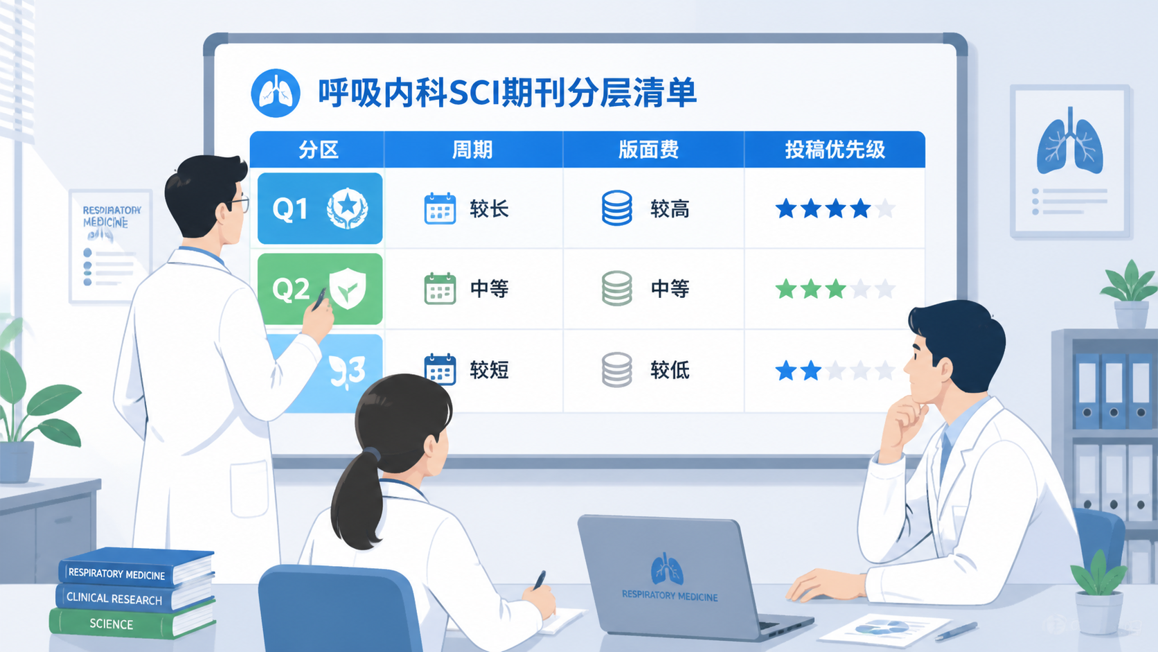 科研人员在白板前整理呼吸内科SCI期刊分层清单，旁边标注分区、周期、版面费和投稿优先级