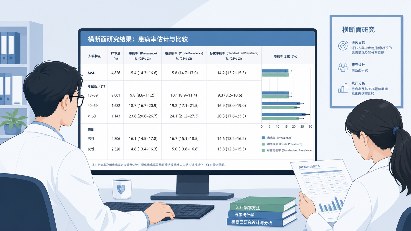 科研人员在整理横断面研究结果表格，屏幕上显示患病率、95%CI、粗患病率与标化患病率对比，整体风格简洁、学术化。
