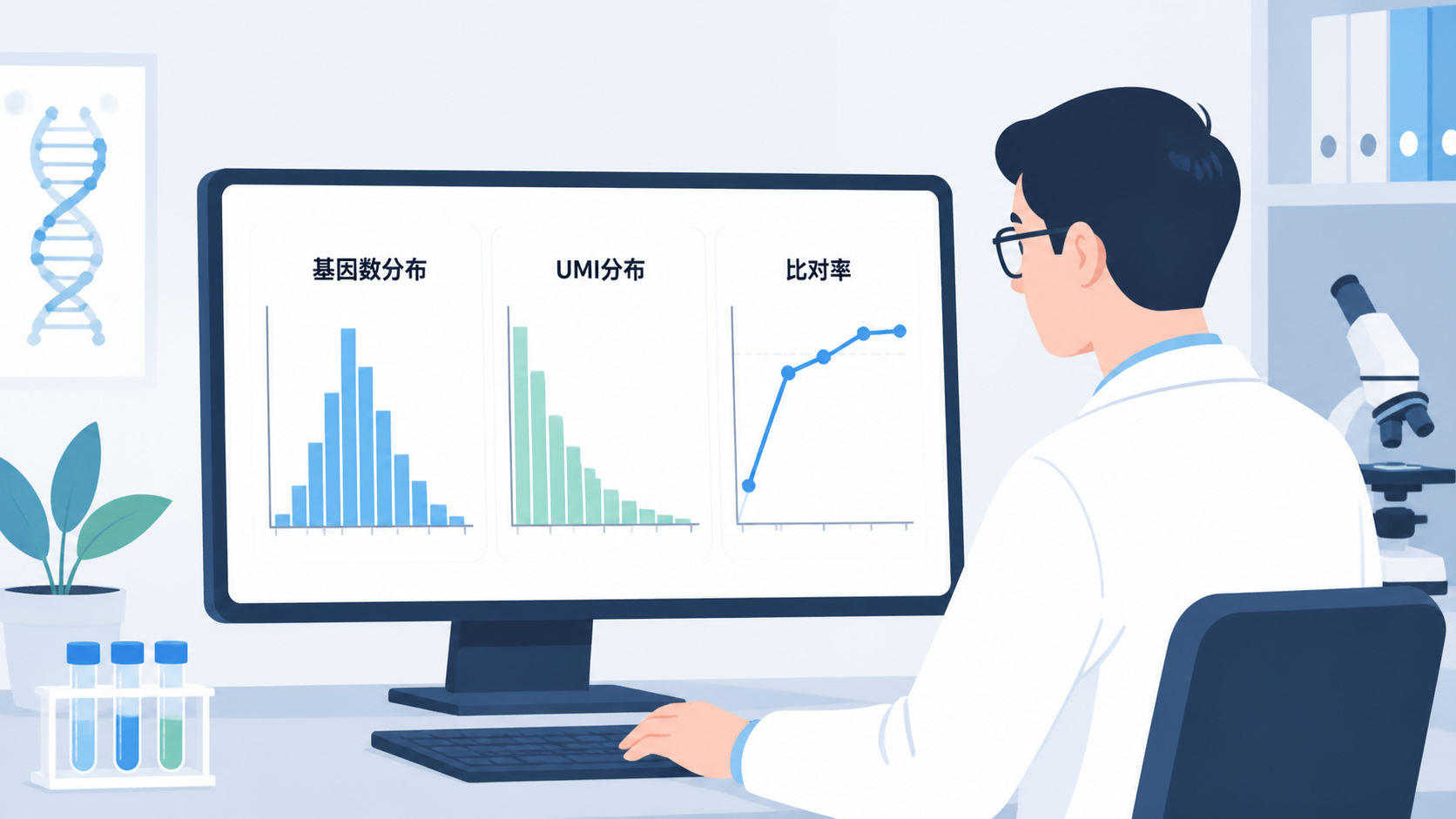 科研人员在电脑前查看单细胞质控图表的场景，屏幕展示基因数分布、UMI分布和比对率曲线，整体风格专业简洁