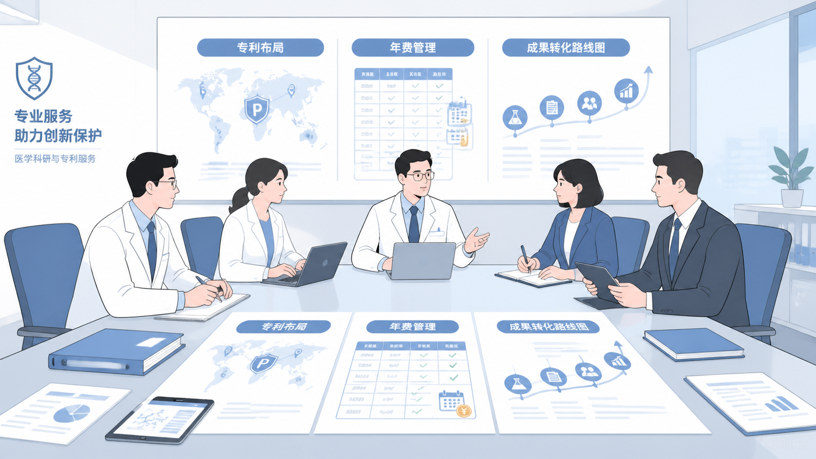 医学科研团队与专利顾问在会议桌前讨论专利布局、年费管理和成果转化路线图，呈现专业协作与品牌服务场景