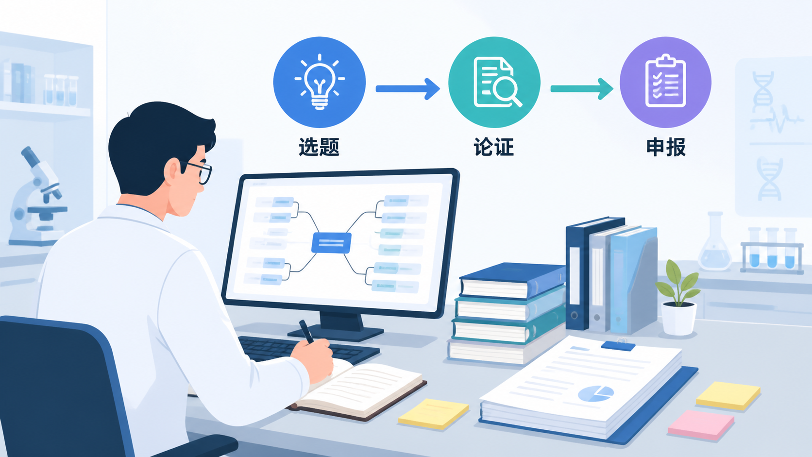 一位科研人员在电脑前梳理选题框架，桌面上有文献、笔记本和基金申请书，画面突出“选题—论证—申报”流程