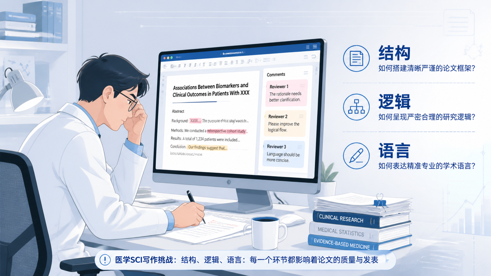 一位科研人员在电脑前修改SCI论文，旁边叠加“结构、逻辑、语言”三个关键词，突出医学SCI写作痛点。