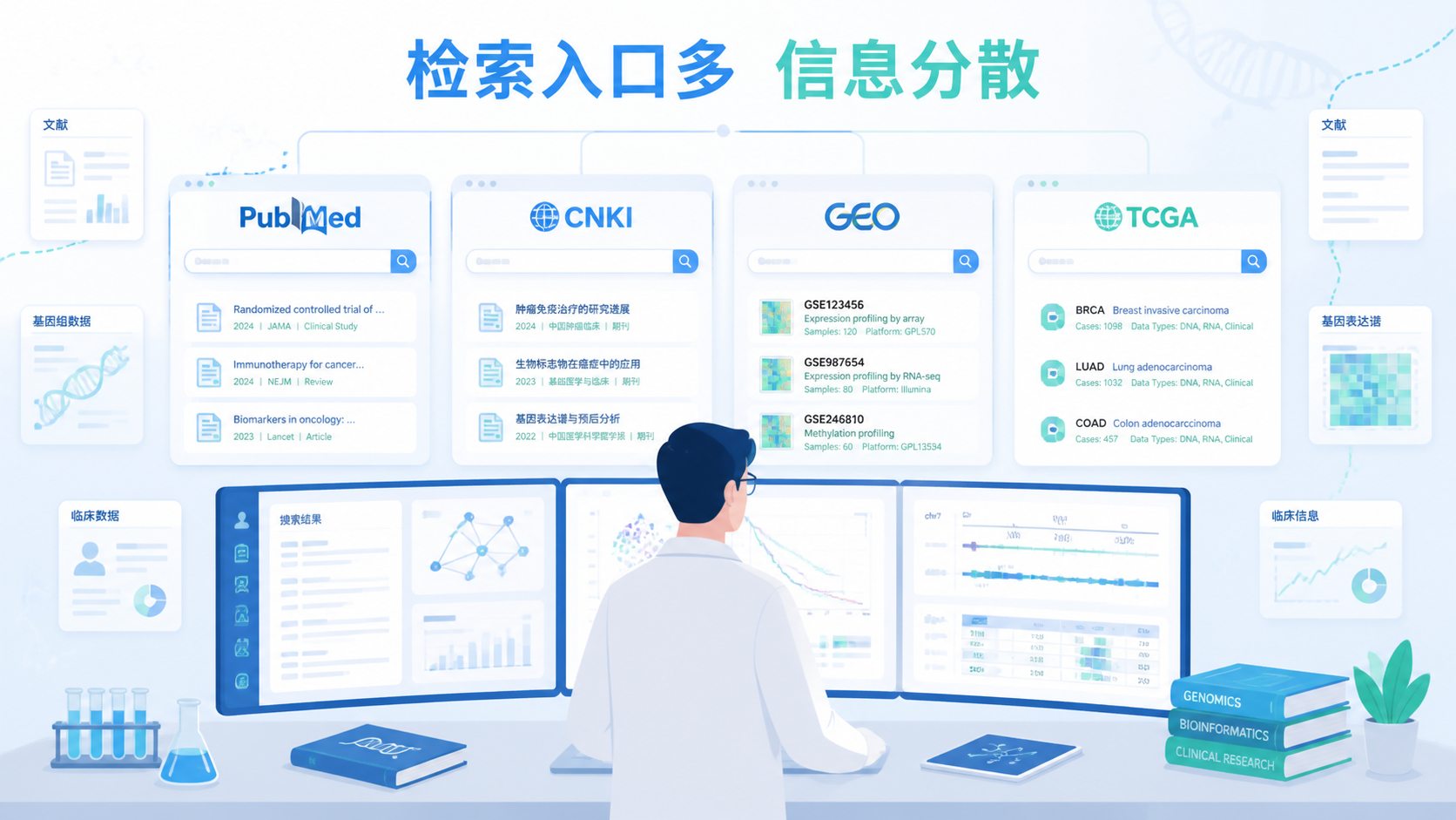 一位科研人员同时面对PubMed、CNKI、GEO、TCGA等数据库界面，突出“检索入口多、信息分散”的场景