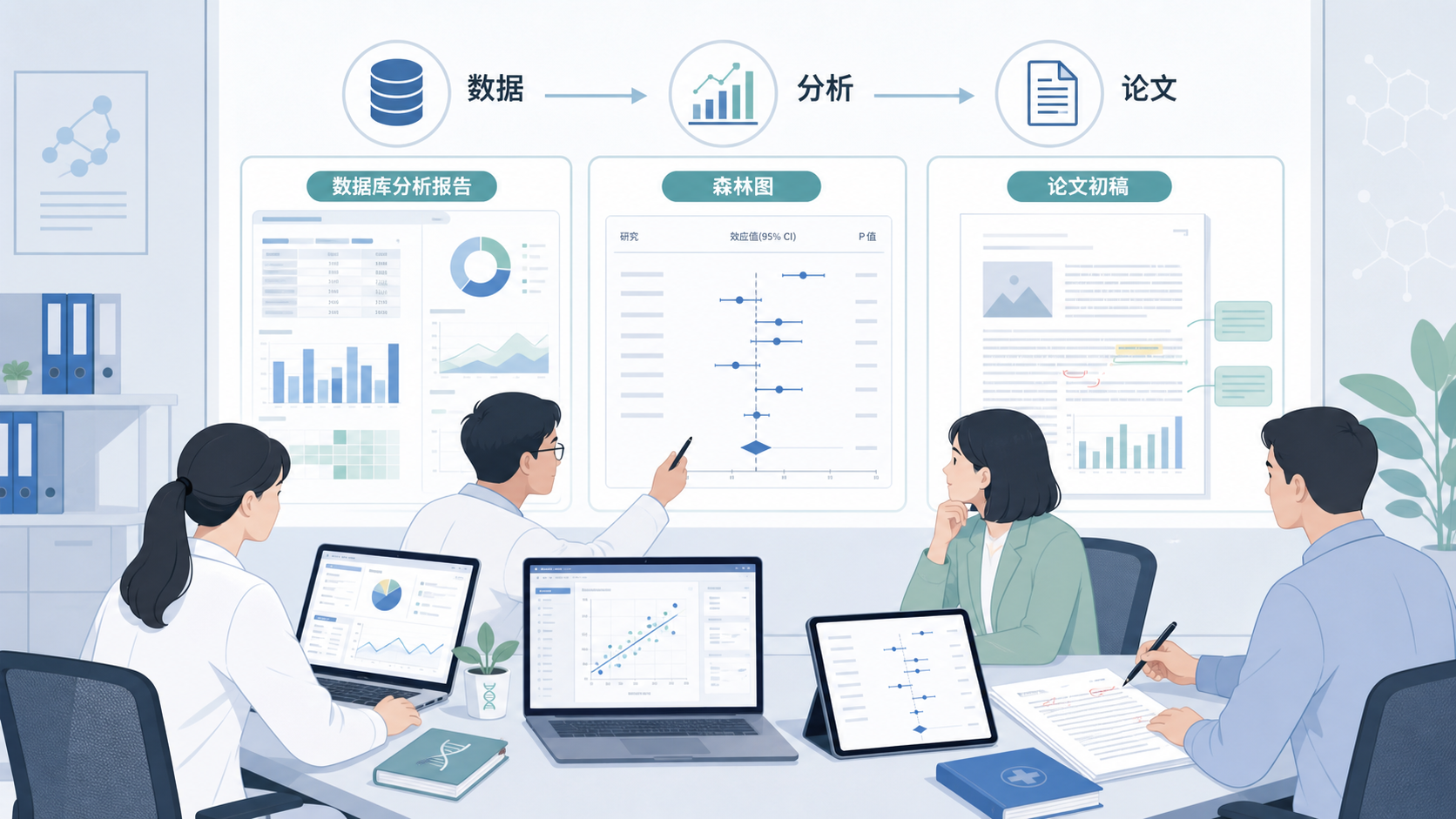 研究者在数据库分析报告、森林图和论文初稿前进行讨论，画面体现从数据到论文的完整科研闭环。