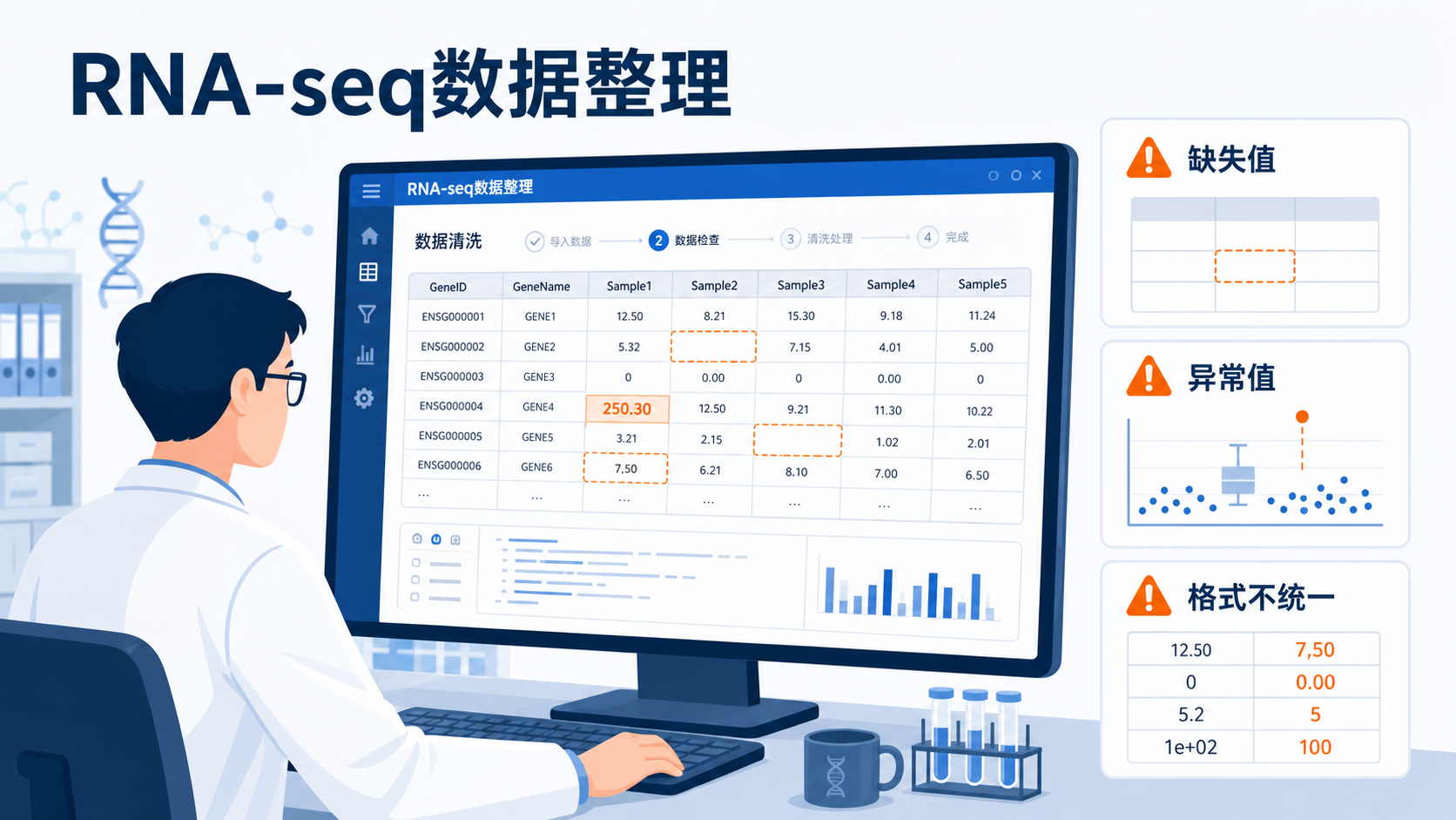 科研人员在电脑前处理RNA测序数据表格,旁边显示缺失值、异常值、格式不统一等问题的示意图