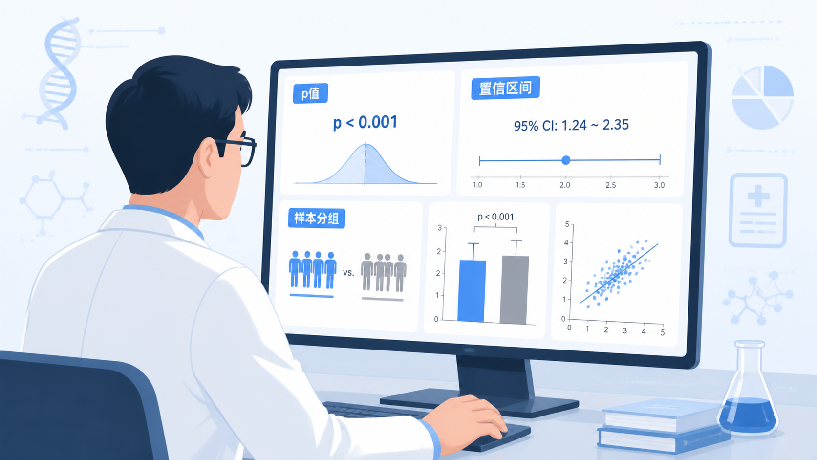 医学研究者在电脑前查看统计分析结果，旁边显示p值、置信区间和样本分组示意图